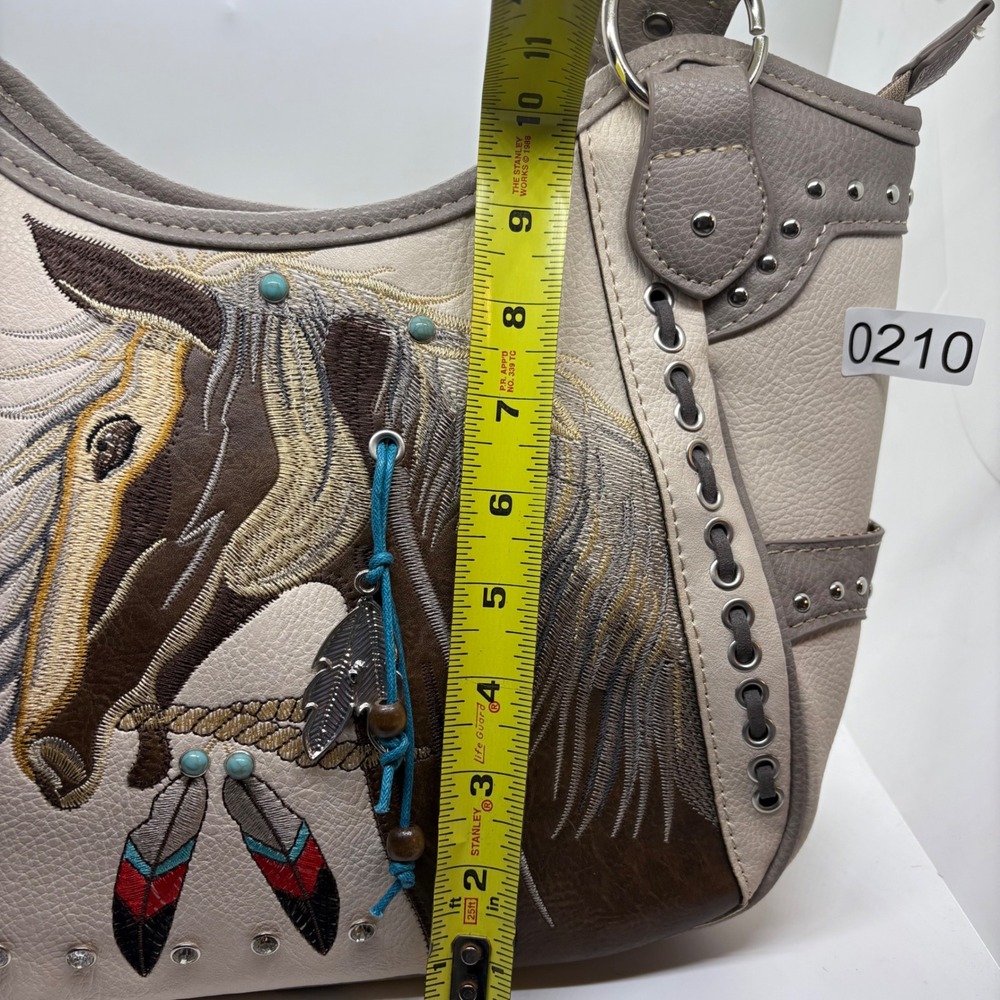 Western Horse Embroidered Hobo Bag Cream Taupe Studded Shoulder Purse Turquoise - Picture 8 of 13